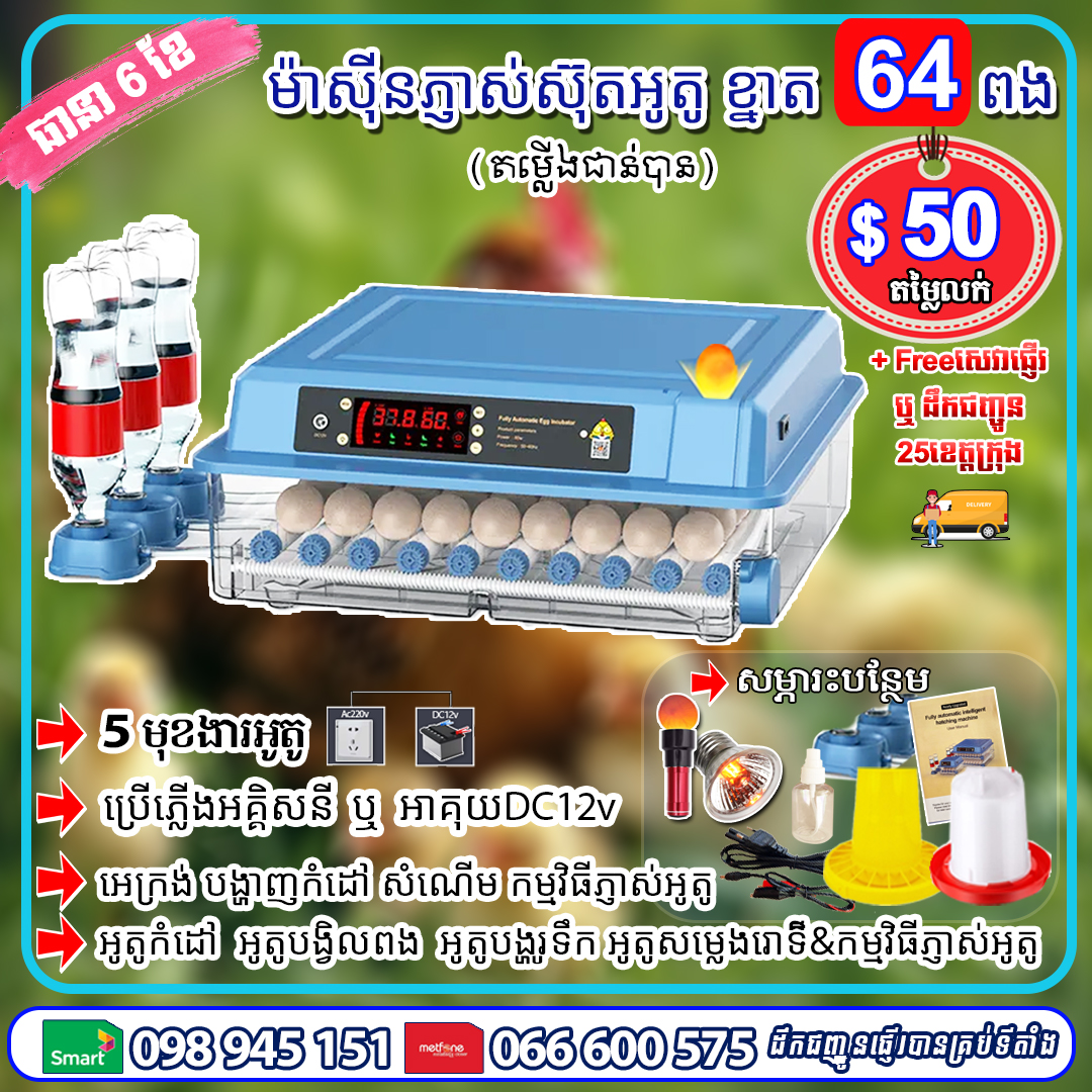 ម៉ាស៊ីនភ្ញាស់ស៊ុត ខ្នាត 64 ពង (ខៀវ)